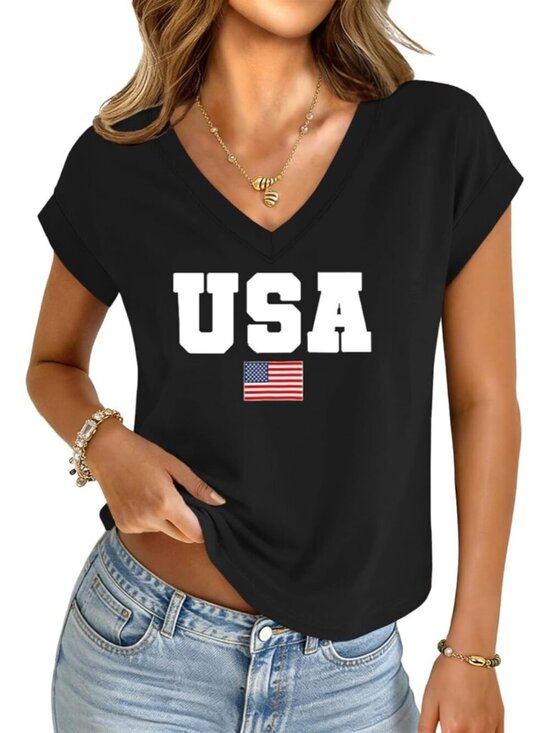Tops - Women's Black USA V Neck Cap Sleeve Summer Basic Loose Fit Pull On Crop Tops